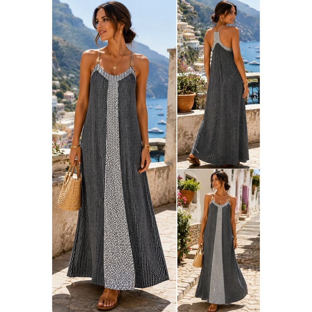 Laundry by Shelli Segal Black White Printed Maxi Dress 12 Resort Coastal Chic